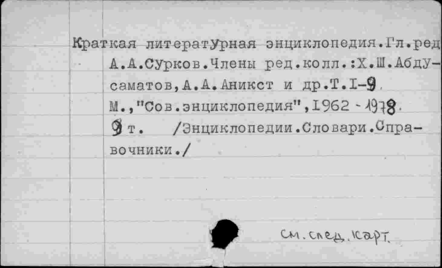 ﻿Краткая литературная энциклопедия.Гл.ред А.А.Сурков.Члены ред.колл.:Х.Ш.АбдУ-саматов,А.А.Аникст и др.Т.1-9 М.,”Сов.энциклопедия",1962 $т. /Энциклопедии .Словари .Опра-
ВОЧНИКИ./

